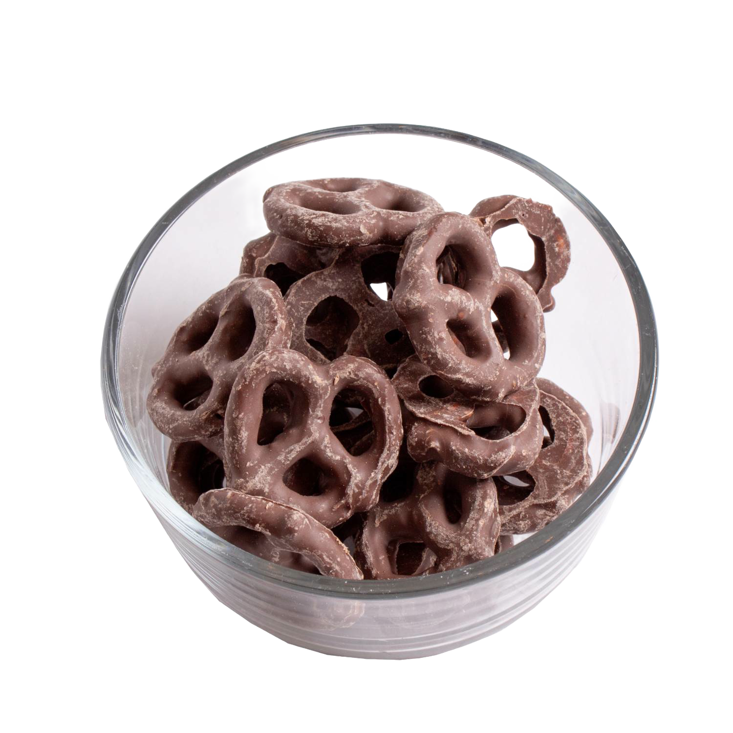 Glass bowl filled with milk chocolate covered mini pretzels in Chips & Snacks and Food & Beverage collections under $50