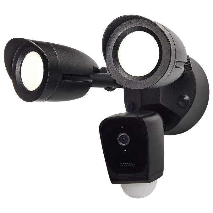 Black dual-headed outdoor security floodlight with attached smart camera for home security and outdoor lighting needs