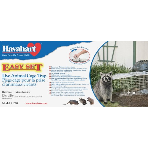 Wire live animal cage trap with easy set top mechanism, shown outdoors with raccoon, in Lawn & Garden pest control collection