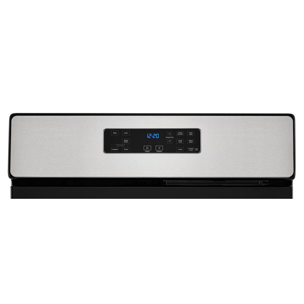 digital control panel with blue LED clock and cooking mode buttons on stainless steel gas range panel