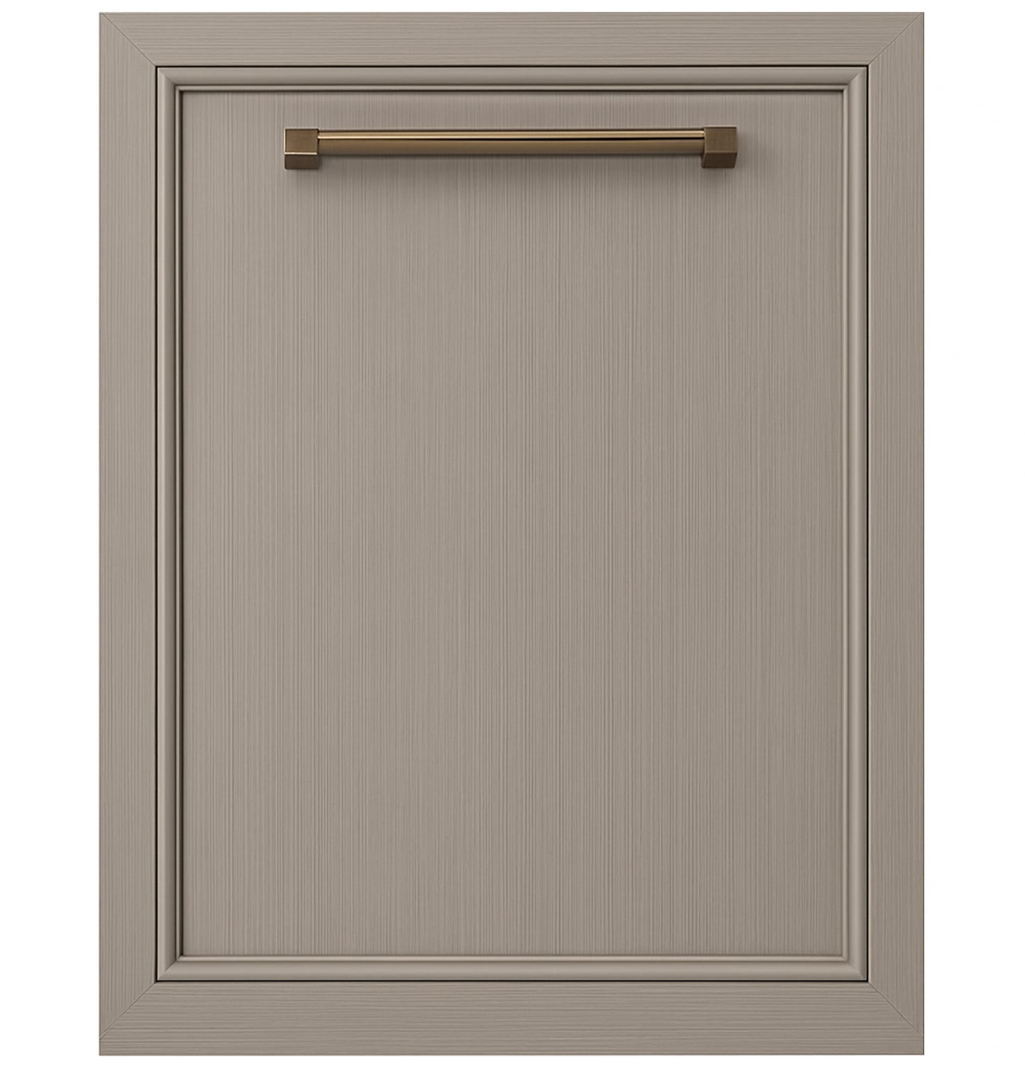 Taupe-toned panel-ready dishwasher front with bronze hardware, part of built-in dishwashers and kitchen appliances collection