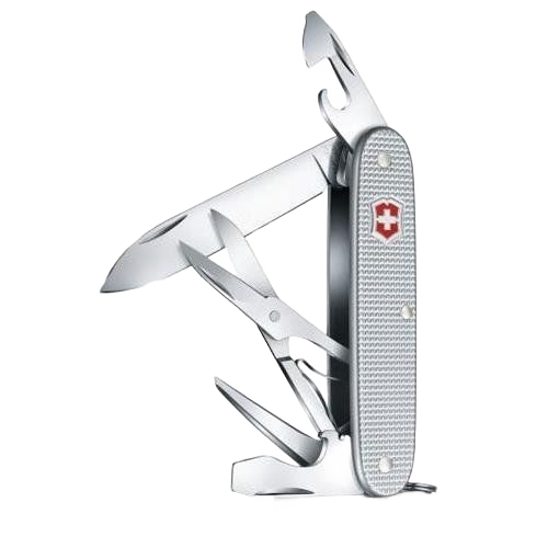 Compact silver multi-tool pocket knife with blades, scissors, bottle opener, and red cross emblem on the handle