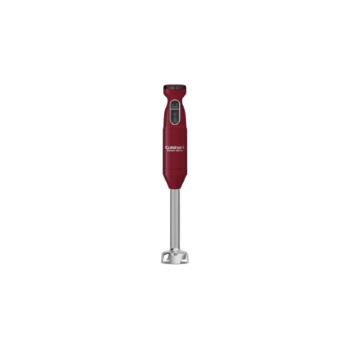 Red handheld two-speed immersion blender with stainless steel blending shaft for kitchen tools and home improvement projects
