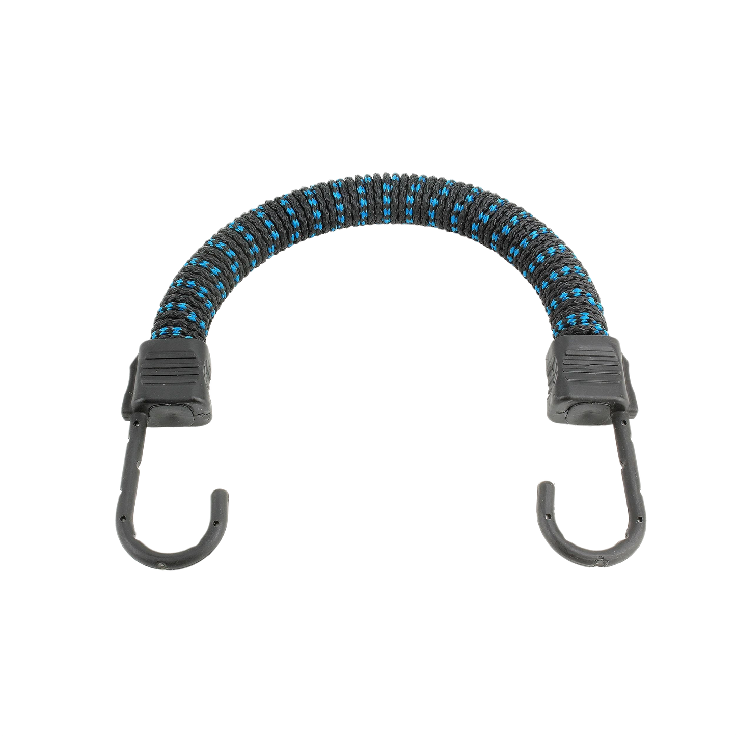 Black and blue elastic cord with metal hooks on both ends for securing items in tools and home improvement projects