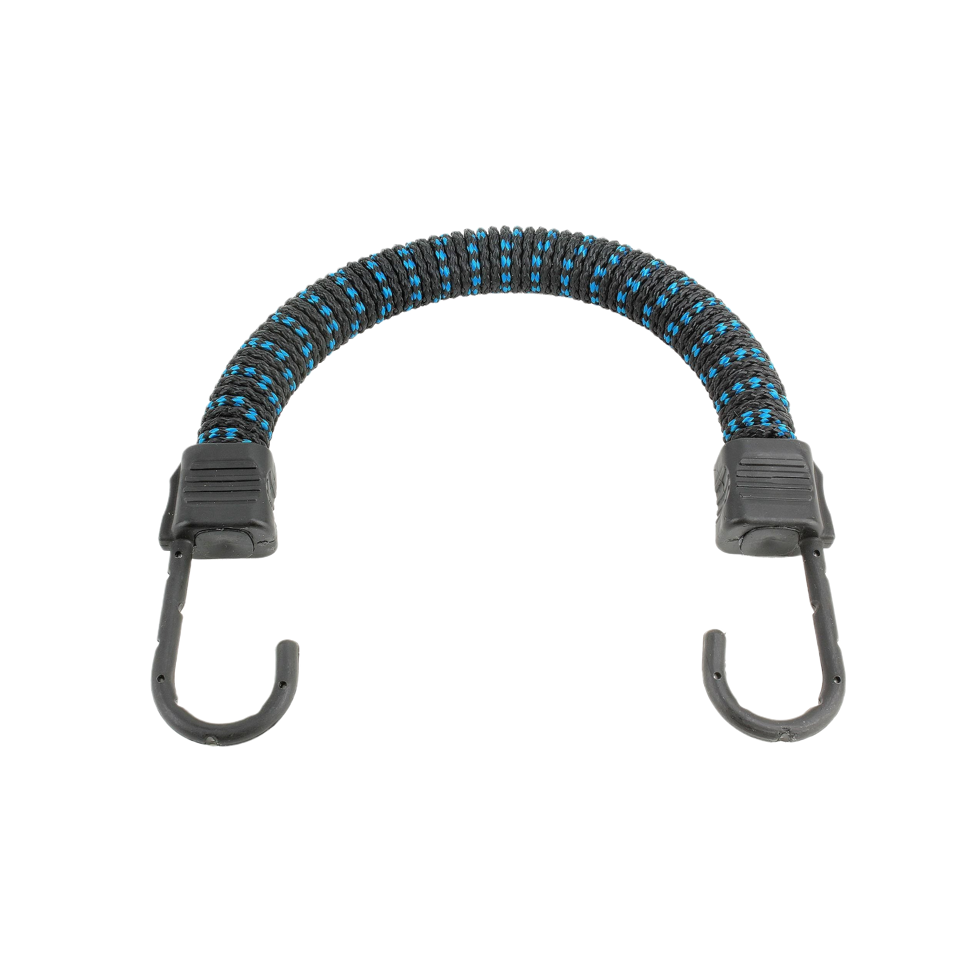 Black and blue elastic cord with metal hooks on both ends for securing items in tools and home improvement projects