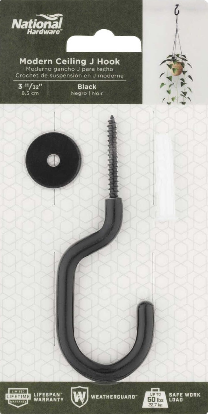 Black steel ceiling-mounted J-hook with screw and washer for hanging plants or fixtures in home improvement projects