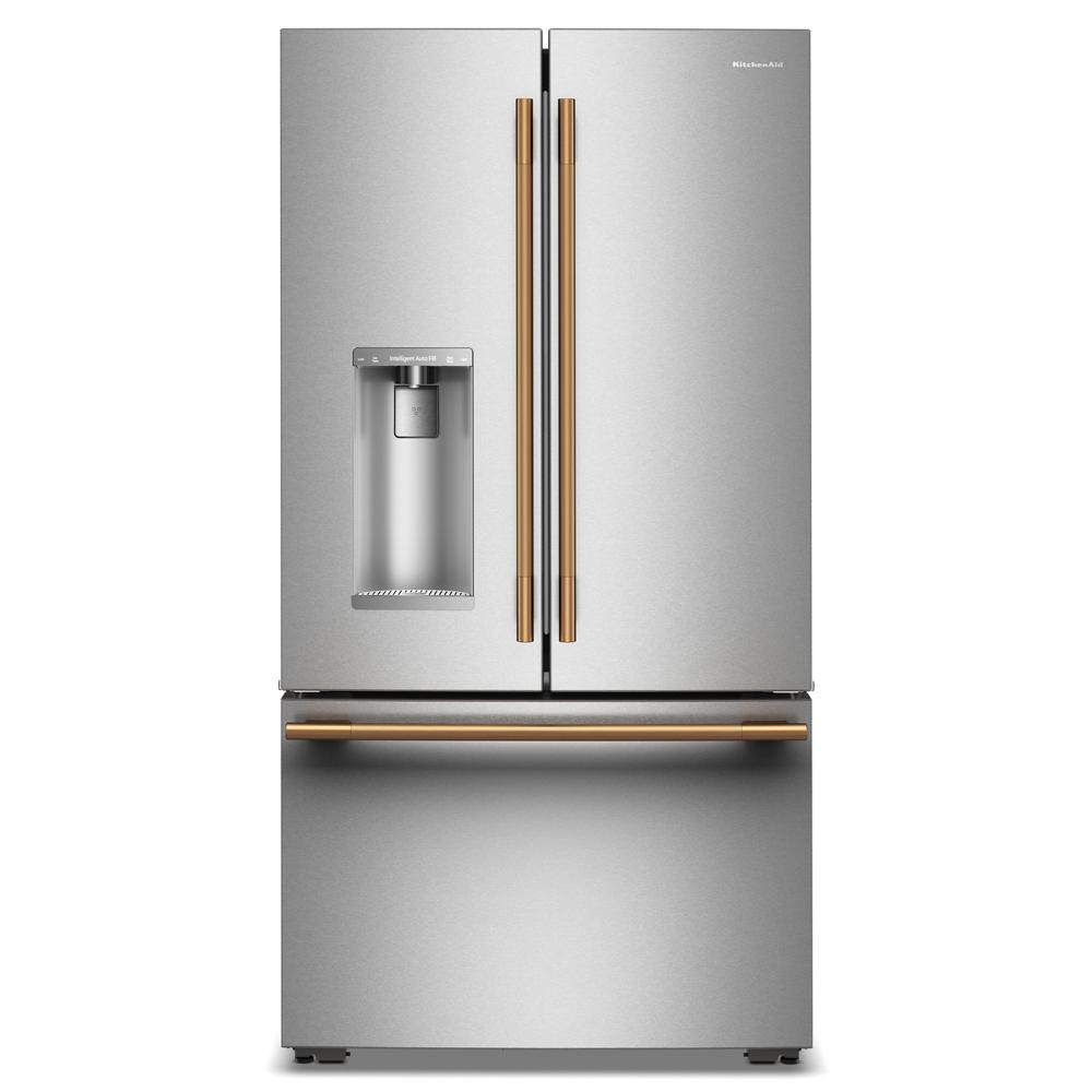 Counter-depth French door refrigerator in stainless steel with gold-tone handles, built-in water dispenser, and bottom freezer drawer, part of Refrigerators, French Door Refrigerators, Kitchen & Kitchenware, All Products, KitchenAid, Appliances collections.