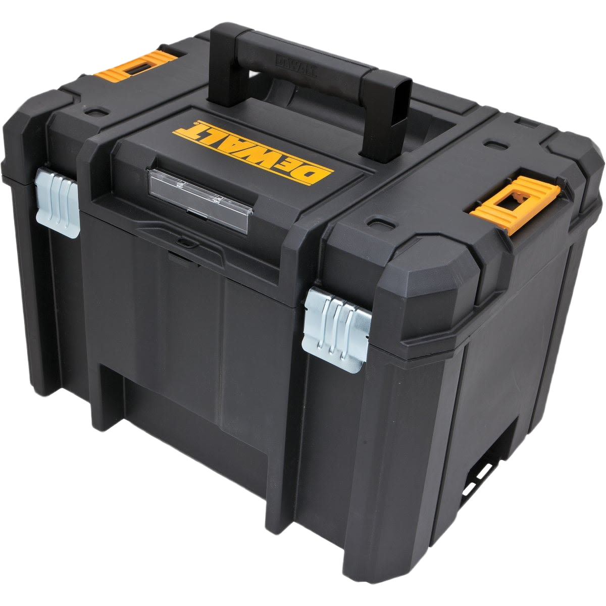 Heavy-duty black and yellow tool storage box with interlocking design for jobsite and workshop organization under $100 collections
