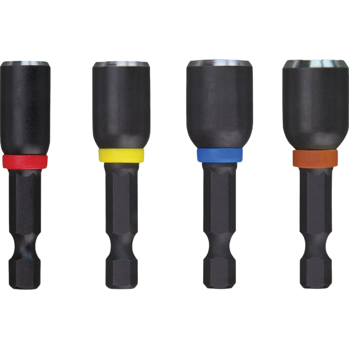 Set of four impact-rated magnetic nut drivers with color-coded collars for use in power tool accessories and home improvement tasks