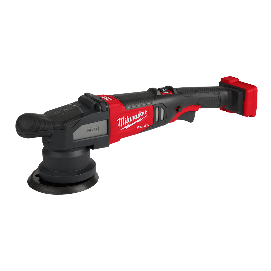 Red and black cordless random orbital polisher with ergonomic handle for tools and home improvement use