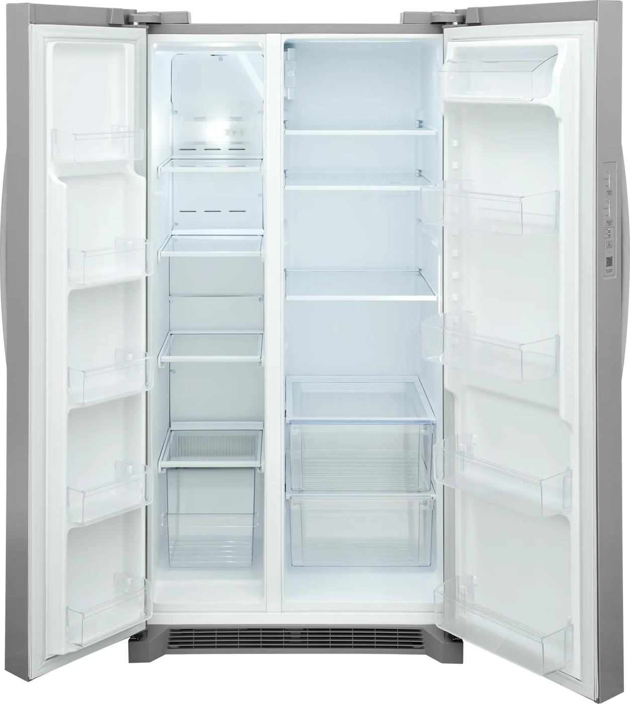 Open stainless steel side-by-side refrigerator with spacious, adjustable shelves and crispers, part of Side-by-Side Refrigerators, Refrigerators, Kitchen & Kitchenware, All Products, and Appliances collections.