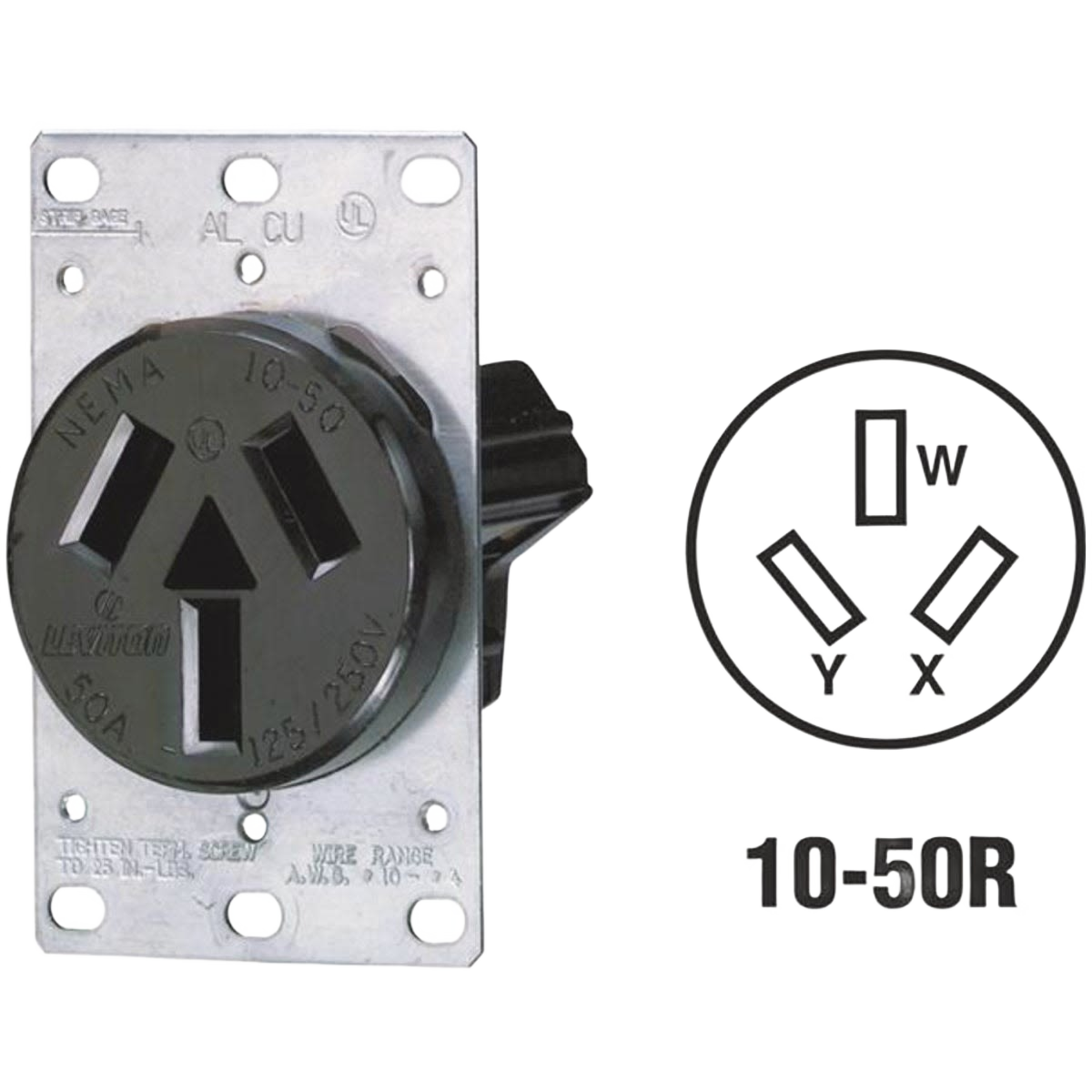 Black 50-amp flush mount power outlet with metal mounting plate for home improvement electrical installations