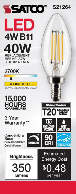 Clear LED filament bulb with 4W power, warm 2700K light, candelabra base, dimmable and energy-efficient for home lighting
