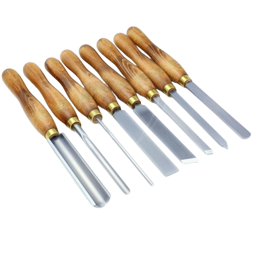 Set of eight woodturning tools with wooden handles and high-speed steel blades for woodworking projects.