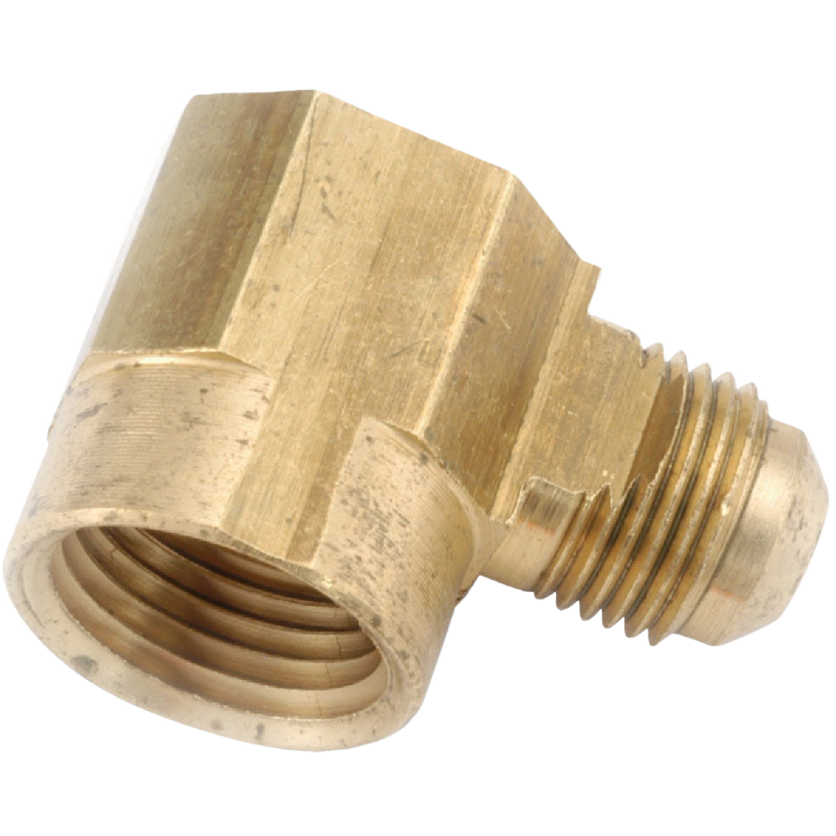 Brass 90-degree flare elbow fitting with 1/2 inch female and 3/8 inch male connections for plumbing projects under $50
