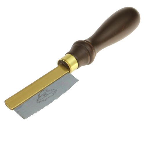 Hand tool with polished brass spine and dark wooden handle designed for precise veneer inlay cutting tasks