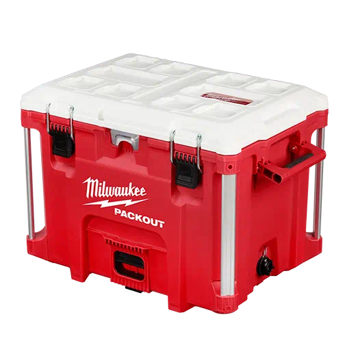 Red and white Packout cooler with secure latches and built-in drain for jobsite and workshop storage organization