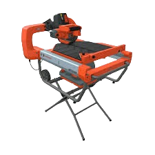 Orange and gray 10-inch dry cut tile saw with integrated dust containment on a folding metal stand, designed for precise tile cutting in rental power tools at Hartville Hardware.