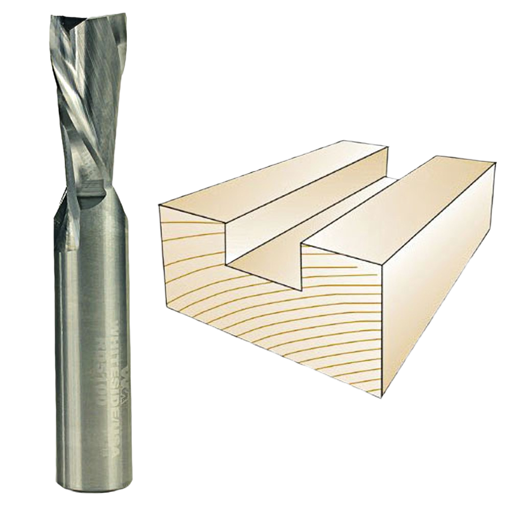 Spiral downcut router bit next to wood piece cut with clean, precise groove for woodworking and tool accessories collections