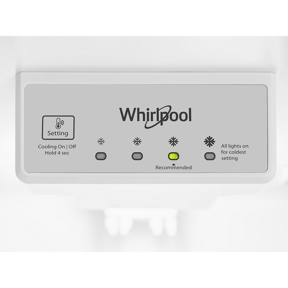 Control panel inside Whirlpool refrigerator showing temperature settings with recommended cooling indicator light on