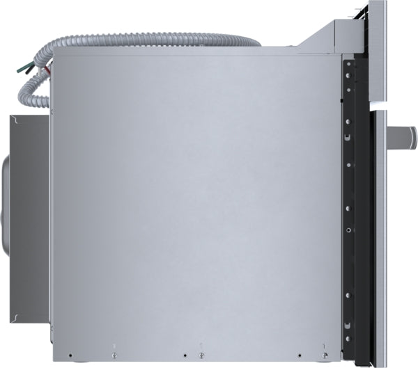 Side view of stainless steel built-in speed oven showcasing flat edges and ventilation in Bosch Appliances collection