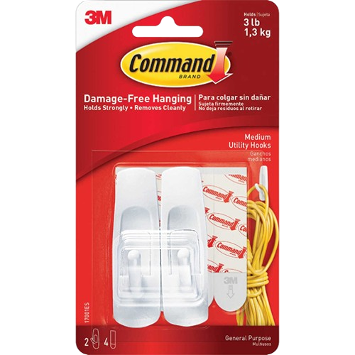 Package of two medium-sized utility hooks with adhesive strips for damage-free hanging in hardware and fasteners collections