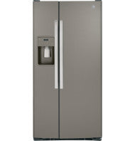 Stainless steel side-by-side refrigerator with water dispenser in kitchen appliances and home improvement collections