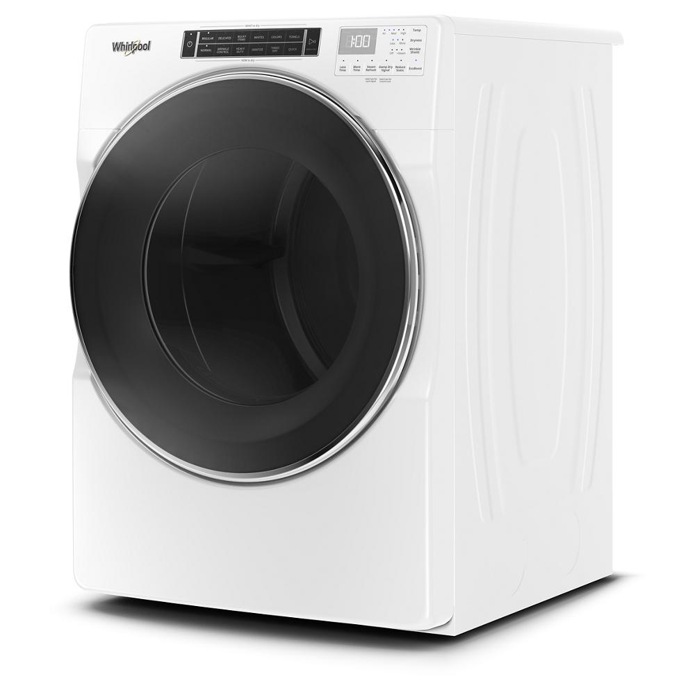 Whirlpool white front load gas dryer with large black door and digital control panel in Gas Dryers and Appliances collections