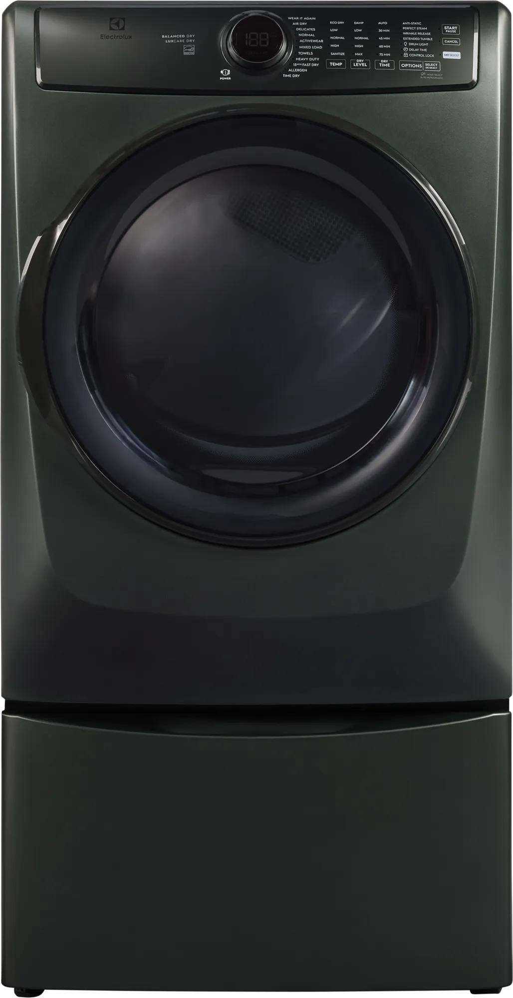Dark gray front load electric dryer with digital control panel and large door in dryers and appliances collection