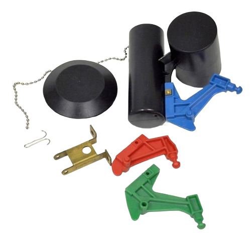 Black valve assembly with blue float, rubber flapper, metal bracket, and red and green plastic float arms for toilet repair tools