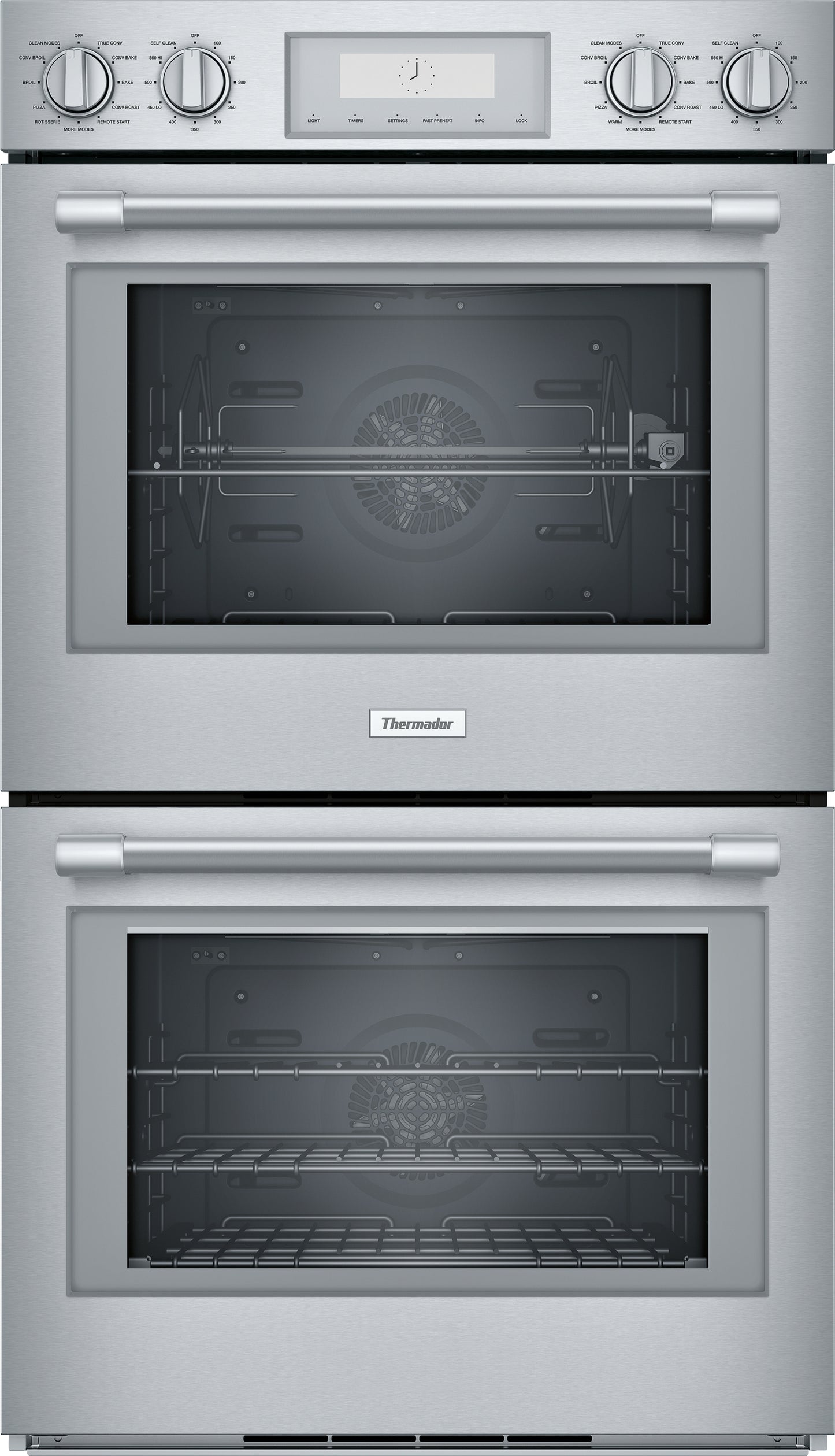 Stainless steel professional double wall oven with control knobs and digital display in kitchen appliances collection