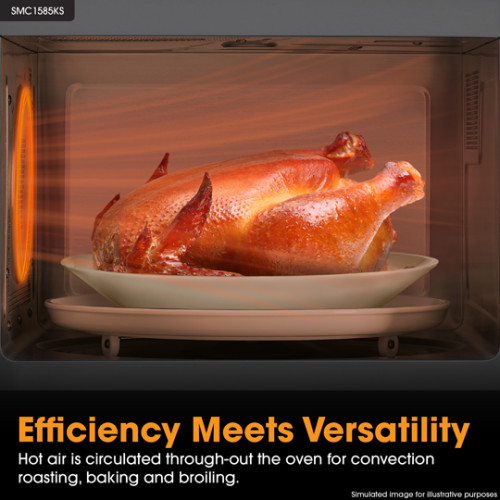 Rotisserie chicken being cooked inside a stainless steel convection microwave from kitchen appliances collection
