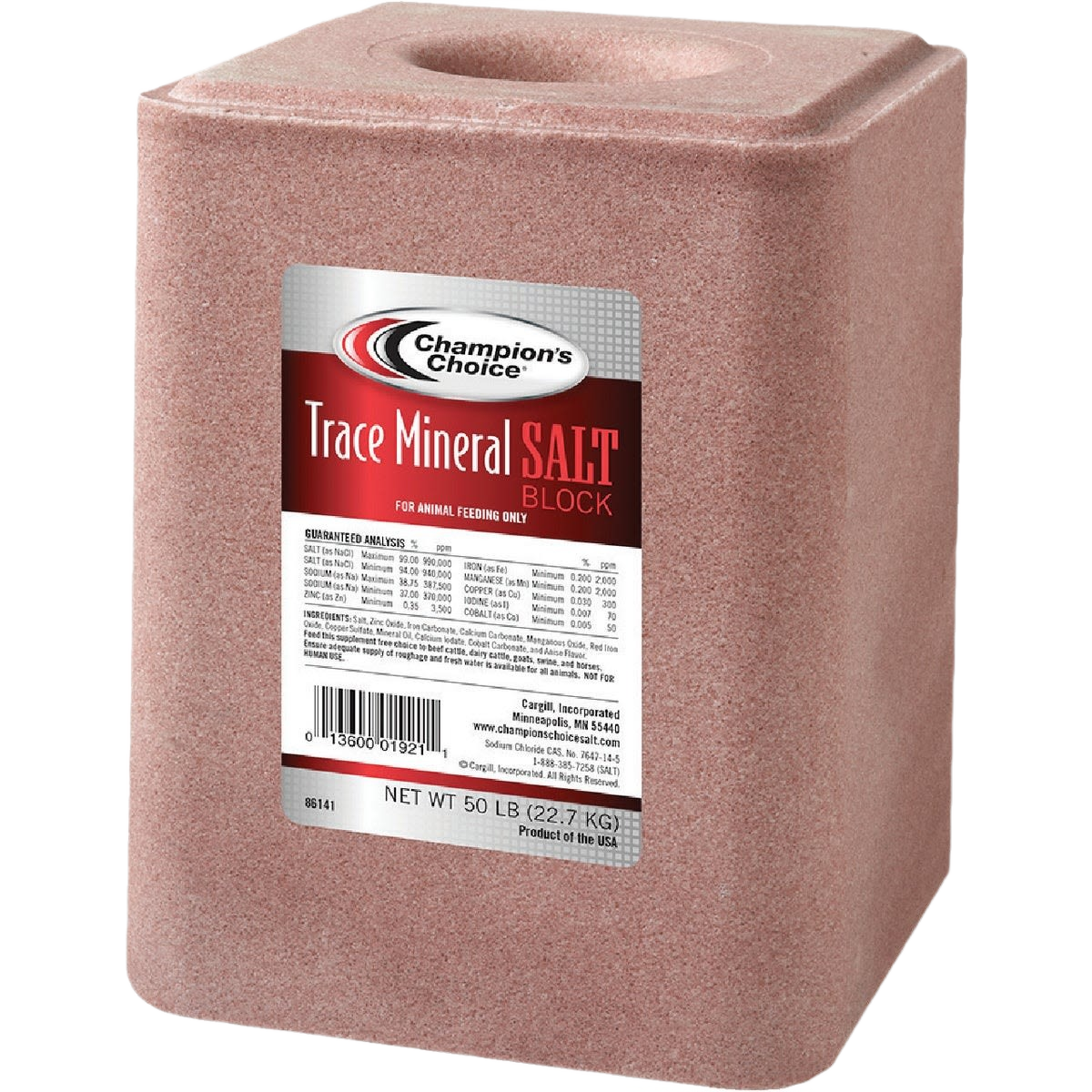 Rectangular pink mineral salt block with label for livestock feeding and home improvement use
