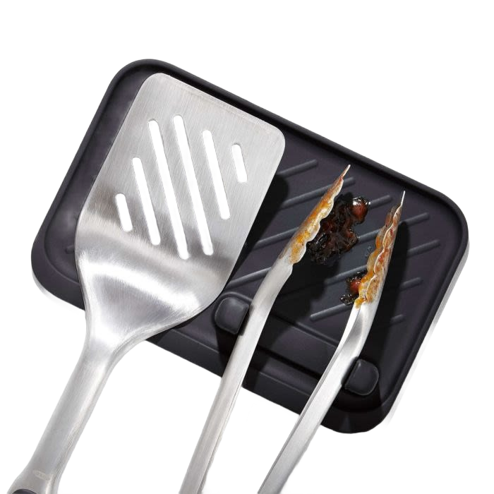 Stainless steel grilling turner and tongs set with black silicone grips for kitchen utensils under $50 collection