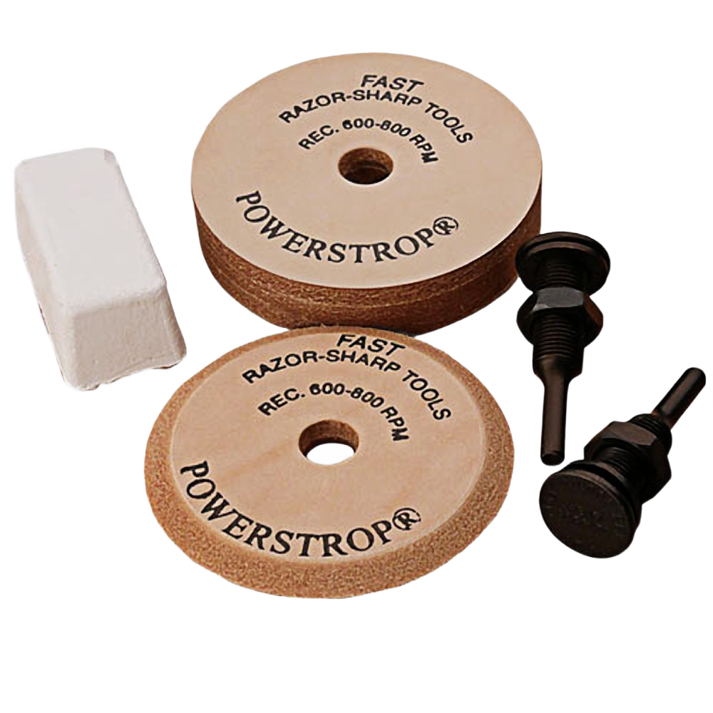 Pair of circular leather strops with polishing compound and mounting hardware for tool sharpening and home improvement tasks