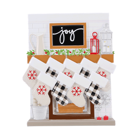Cozy Christmas fireplace mantle ornament with nine personalized stockings in red, black, and white decor theme