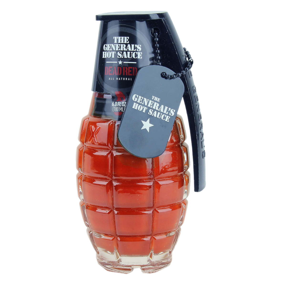 Grenade-shaped 6 oz bottle of medium-heat all-natural hot sauce from grilling sauces and outdoor living collection
