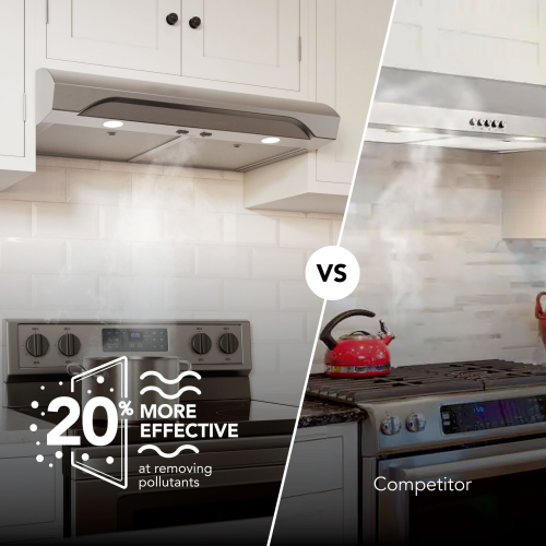 split image showing comparison of two range hoods with stainless steel finishes in kitchen setting removing smoke and steam effectively