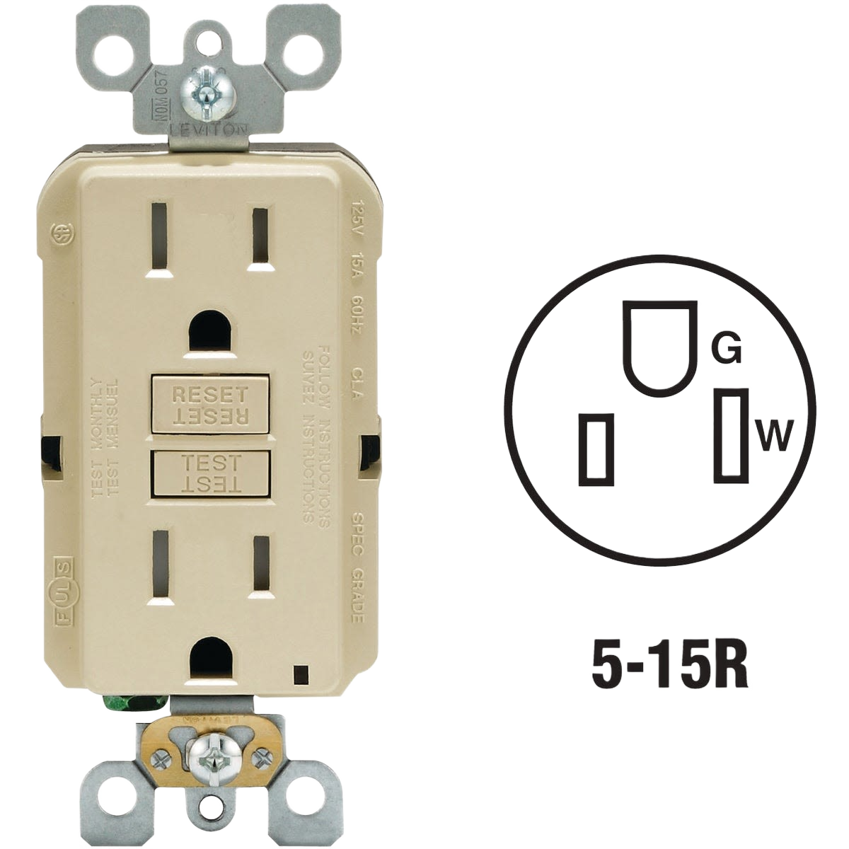 Ivory commercial grade GFCI outlet with reset and test buttons for home improvement safety and electrical protection