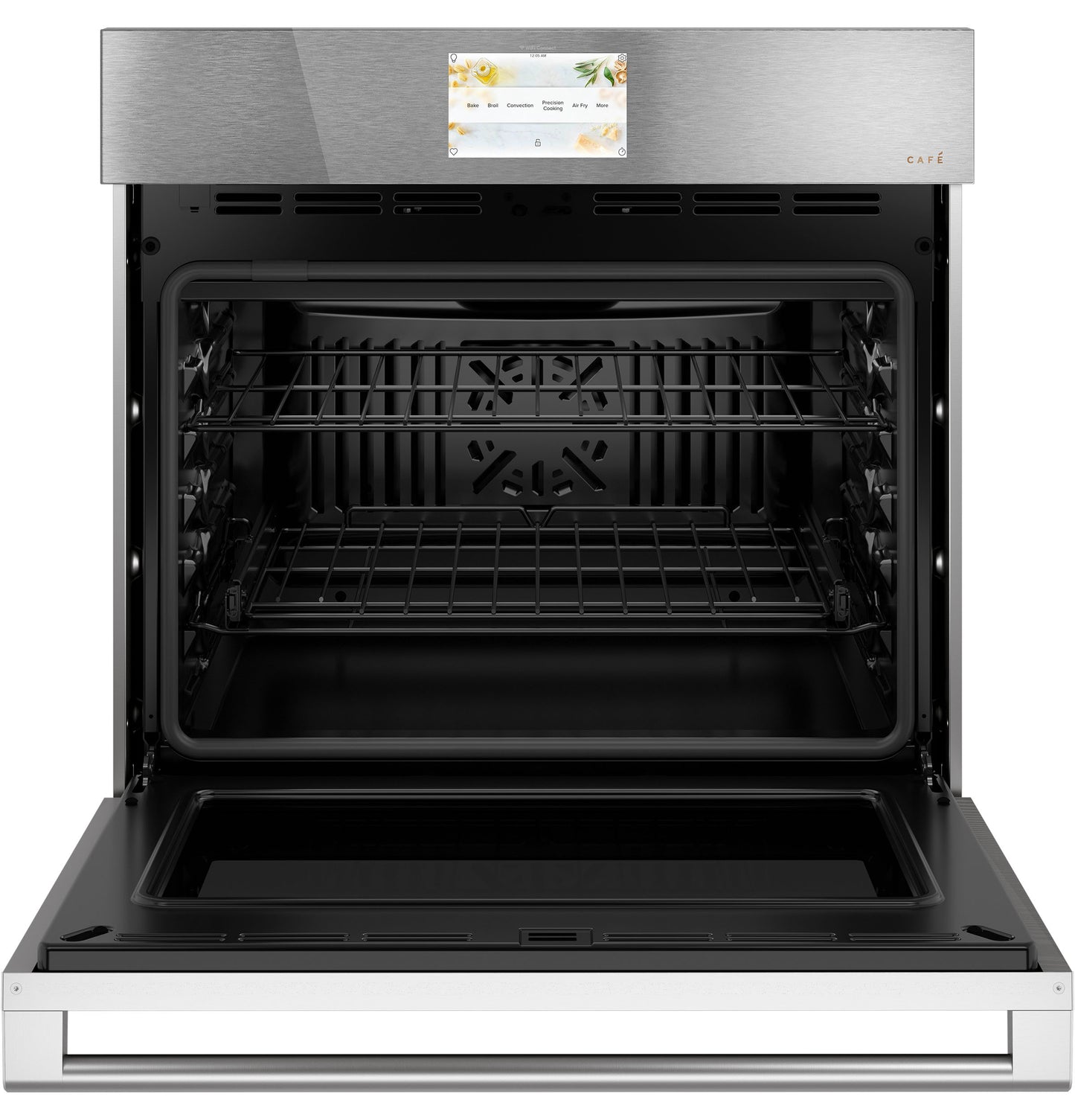 Open single wall oven with convection fan and racks in sleek platinum glass for kitchen appliance collection