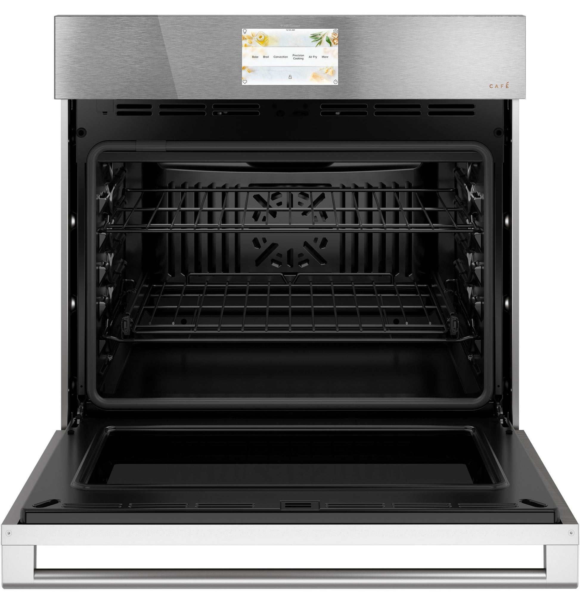 Open single wall oven with convection fan and racks in sleek platinum glass for kitchen appliance collection
