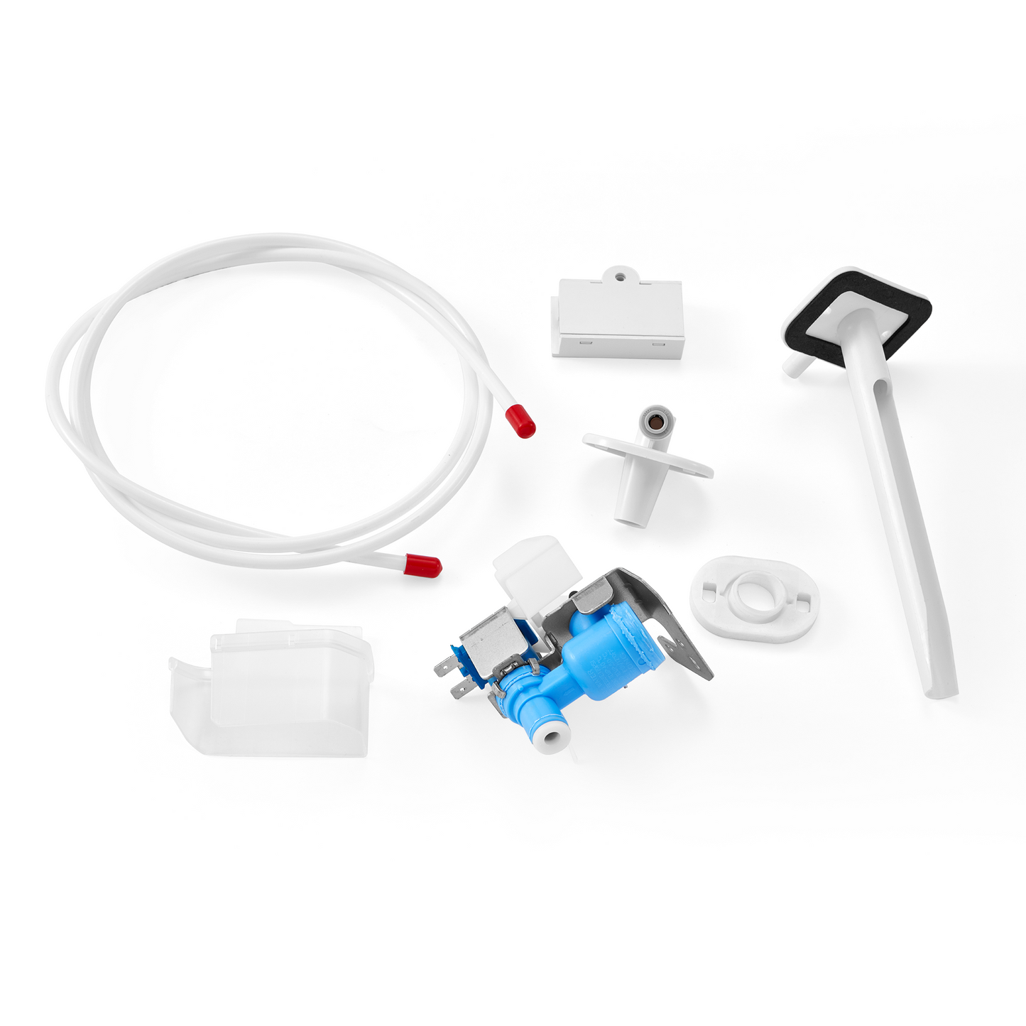 Set of white and blue plastic and metal components including tubing, valve, and connectors designed for an automatic ice maker kit, part of Refrigerators and Kitchen & Kitchenware collections.