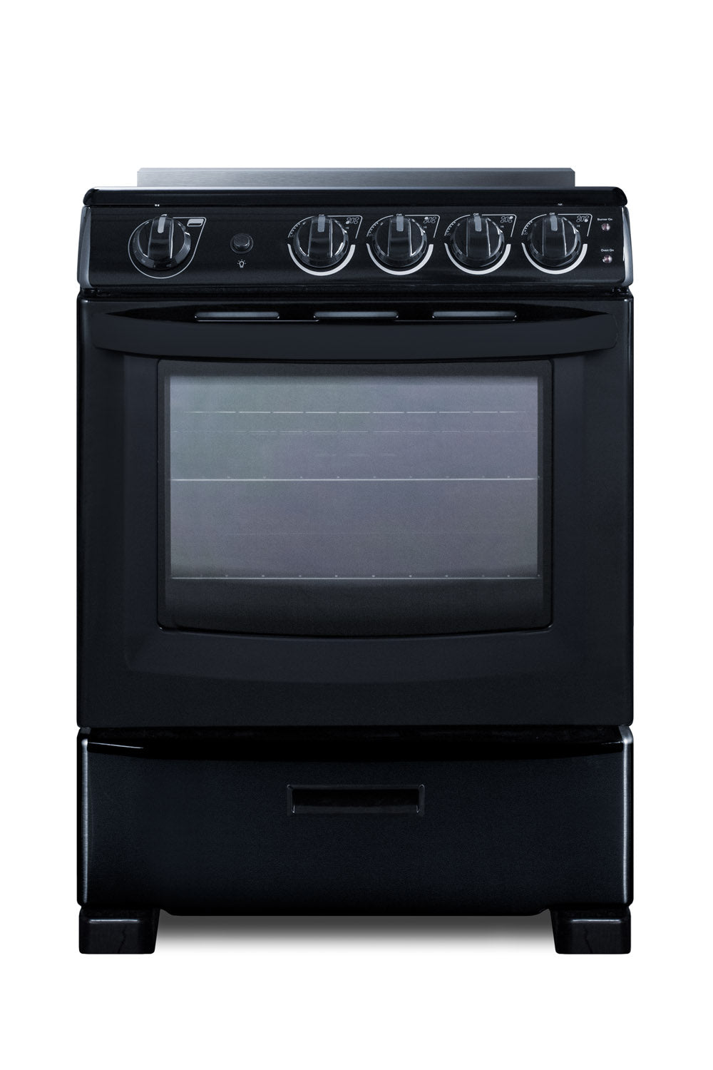 Compact black electric smooth-top range with front control knobs and large oven window in kitchen appliances collection