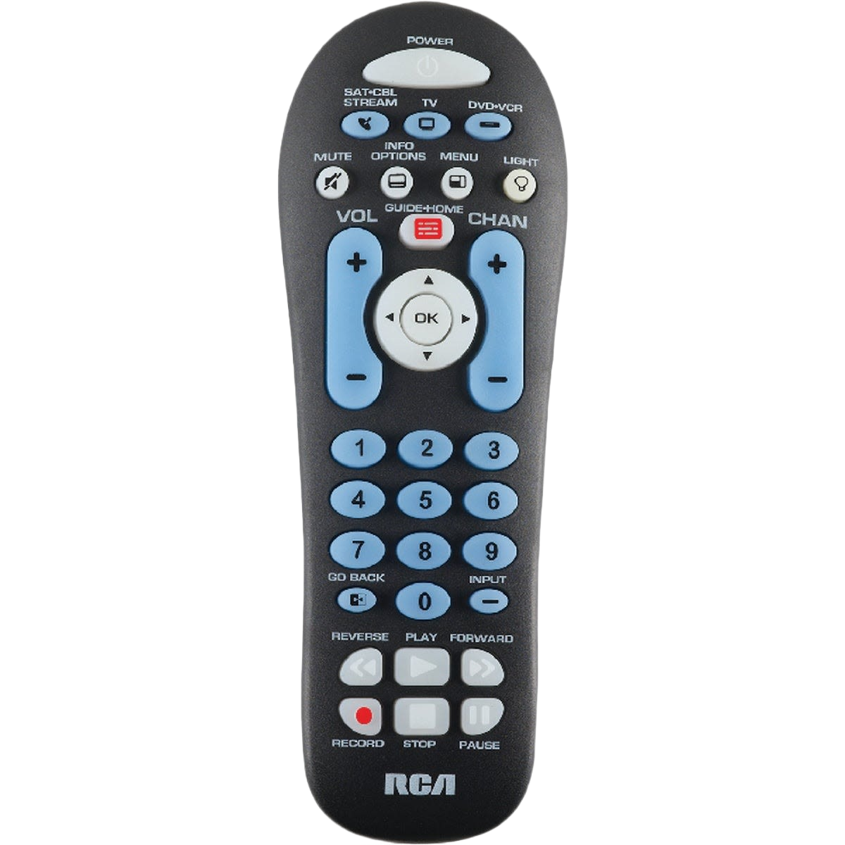 Black RCA remote control with blue volume and channel buttons and white playback controls for multiple devices