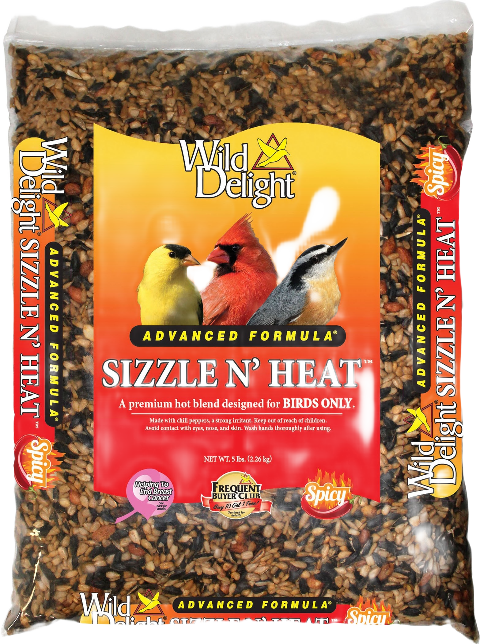 5 lb. bag of spicy birdseed blend featuring sunflower seeds and grains for feeding wild birds outdoors