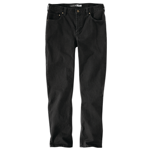 Front view of slim black tapered work pants made from durable duck fabric with five pockets for men