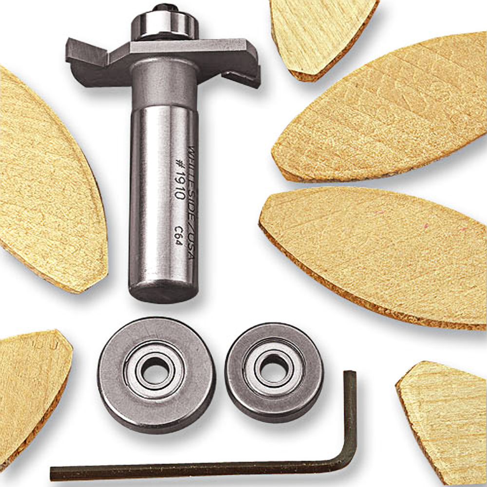 Router bit with steel bearings and wooden biscuit joints for woodworking and home improvement tools collection