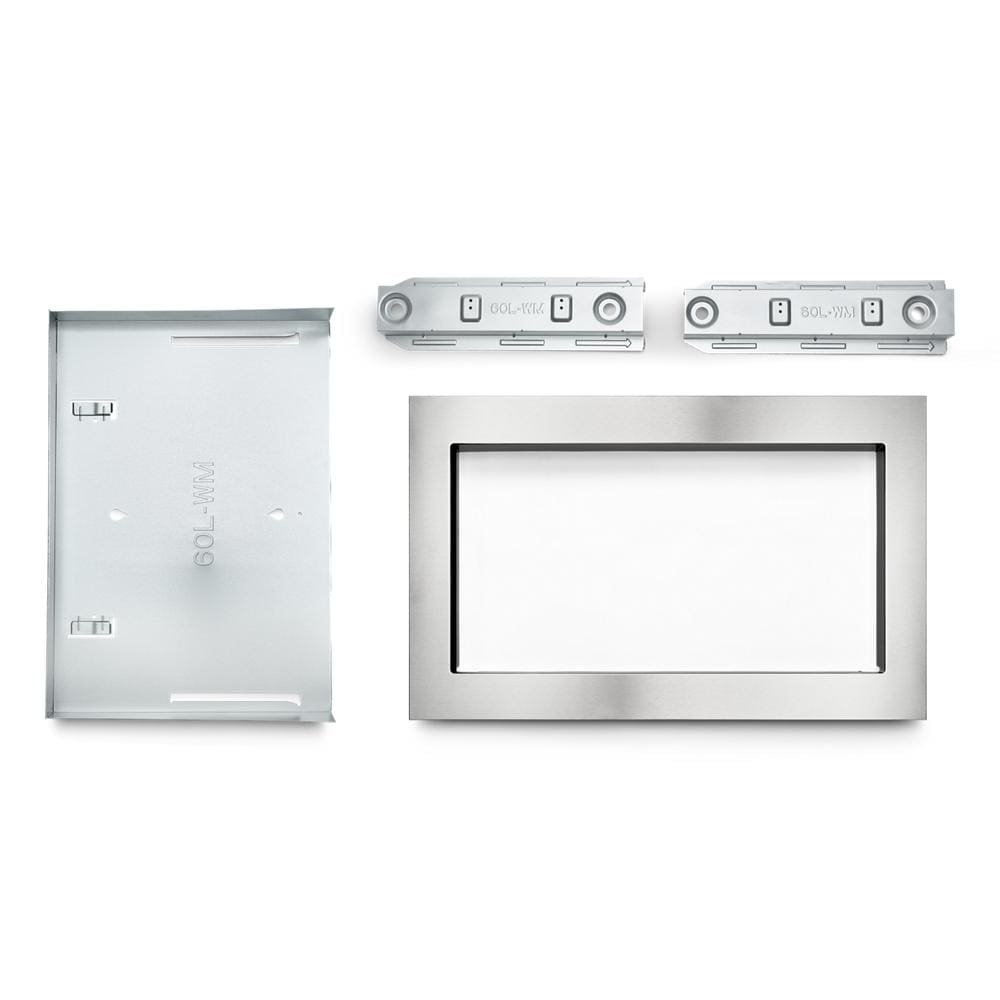 Stainless steel installation kit components for KitchenAid countertop microwaves, including mounting brackets and trim plate