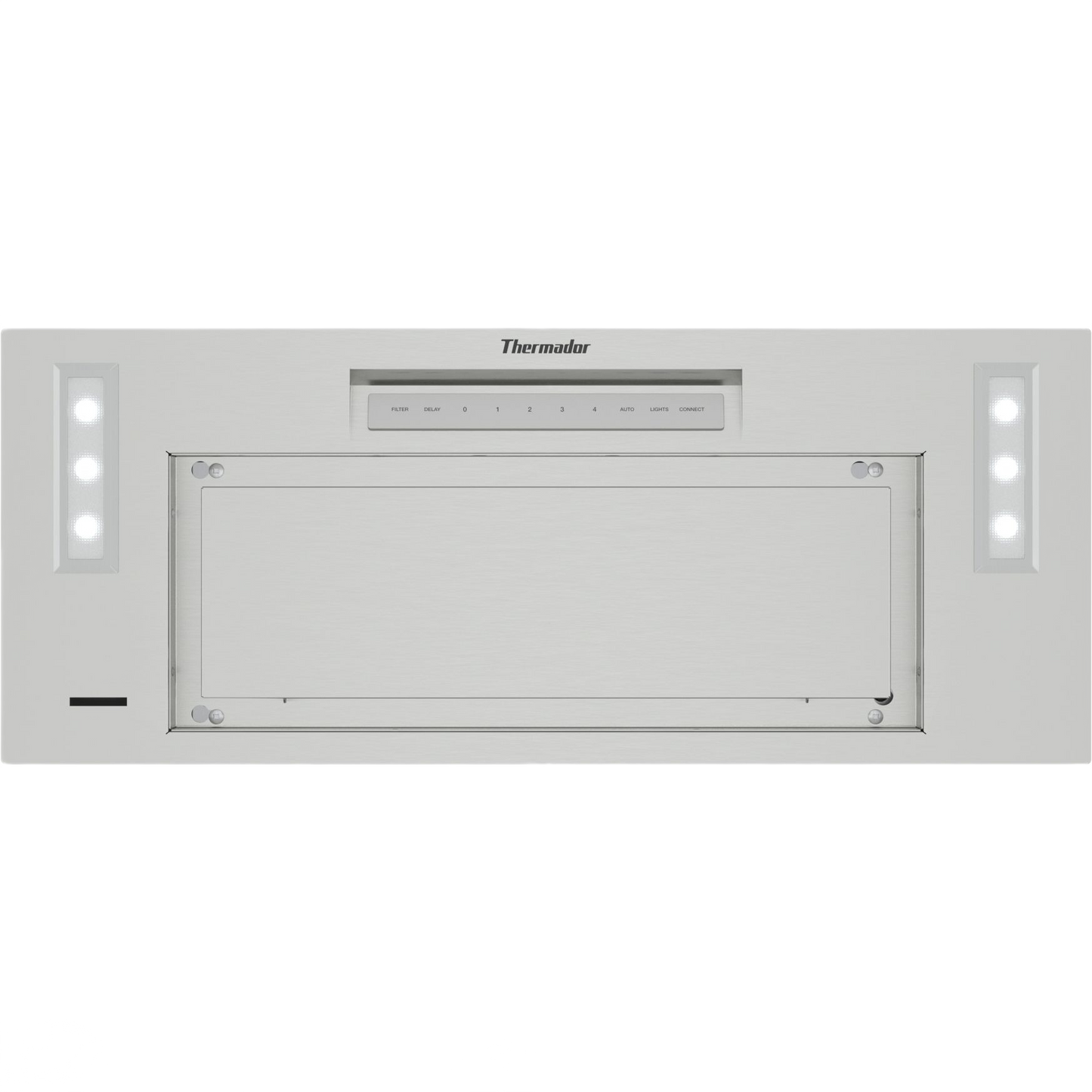 Stainless steel insert cooktop hood with integrated LED lights and control panel from Thermador range hoods collection