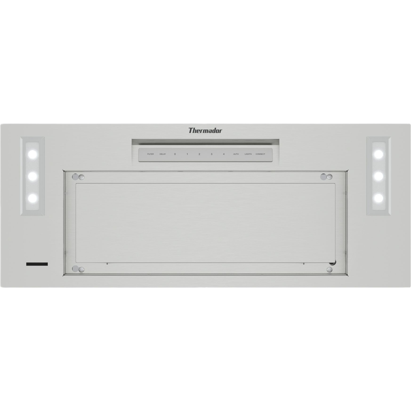 Stainless steel insert cooktop hood with integrated LED lights and control panel from Thermador range hoods collection